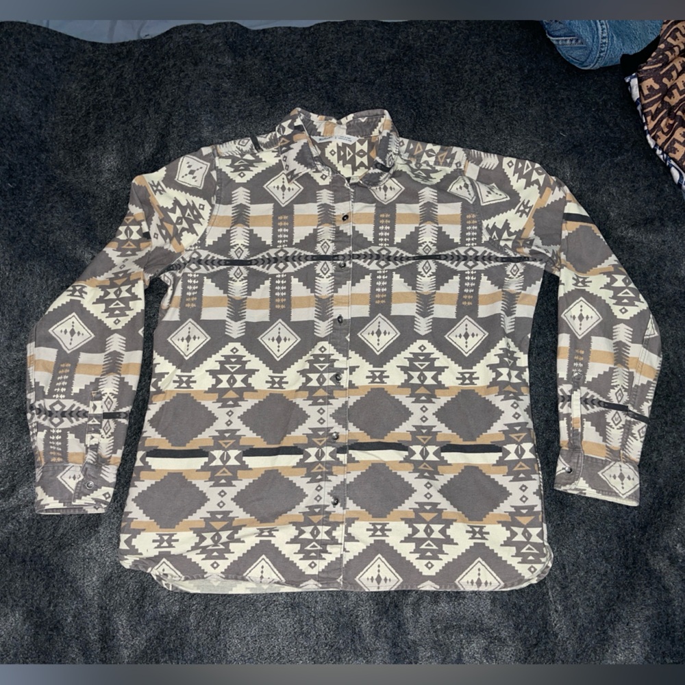 Woolrich Southwestern Print Button-Down Shirt in Gray, Cream, and Tan